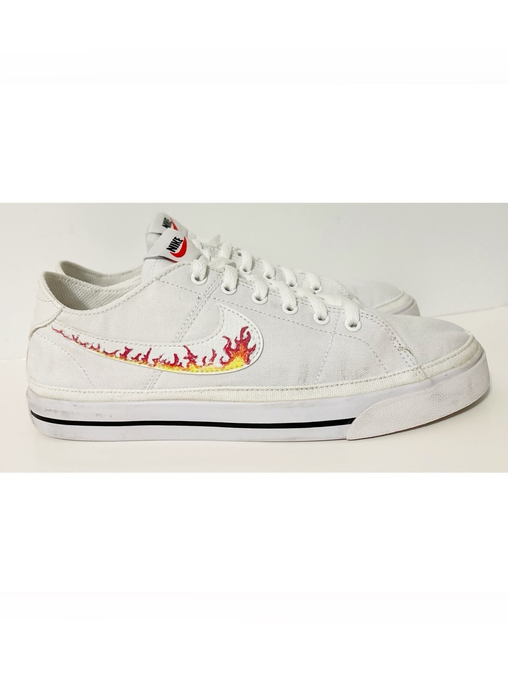 Nike Court Legacy White Canvas Shoes Sneakers w/Custom Flames CW6539-100 Sz 8.5